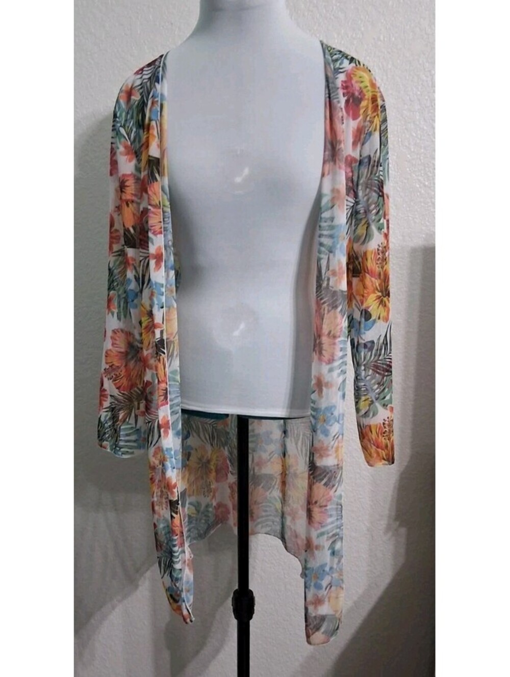 Sheer Tropical Print Long Jacket, Coverup, 3/4 Sleeve, M, EUC